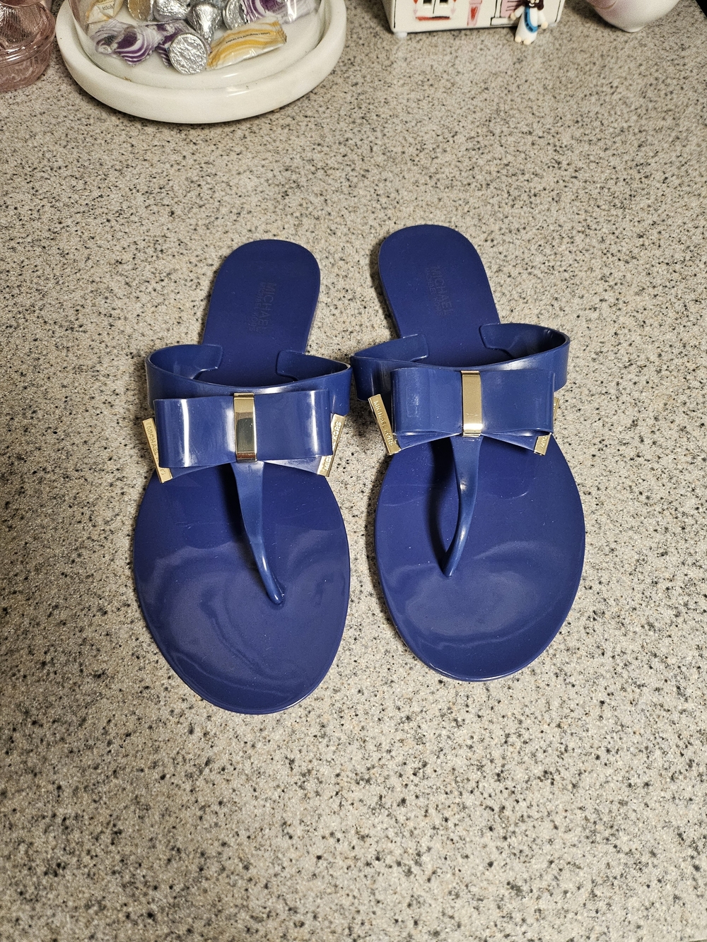 Michael Kors Navy Bow Jelly Thong Sandals with Gold Accents